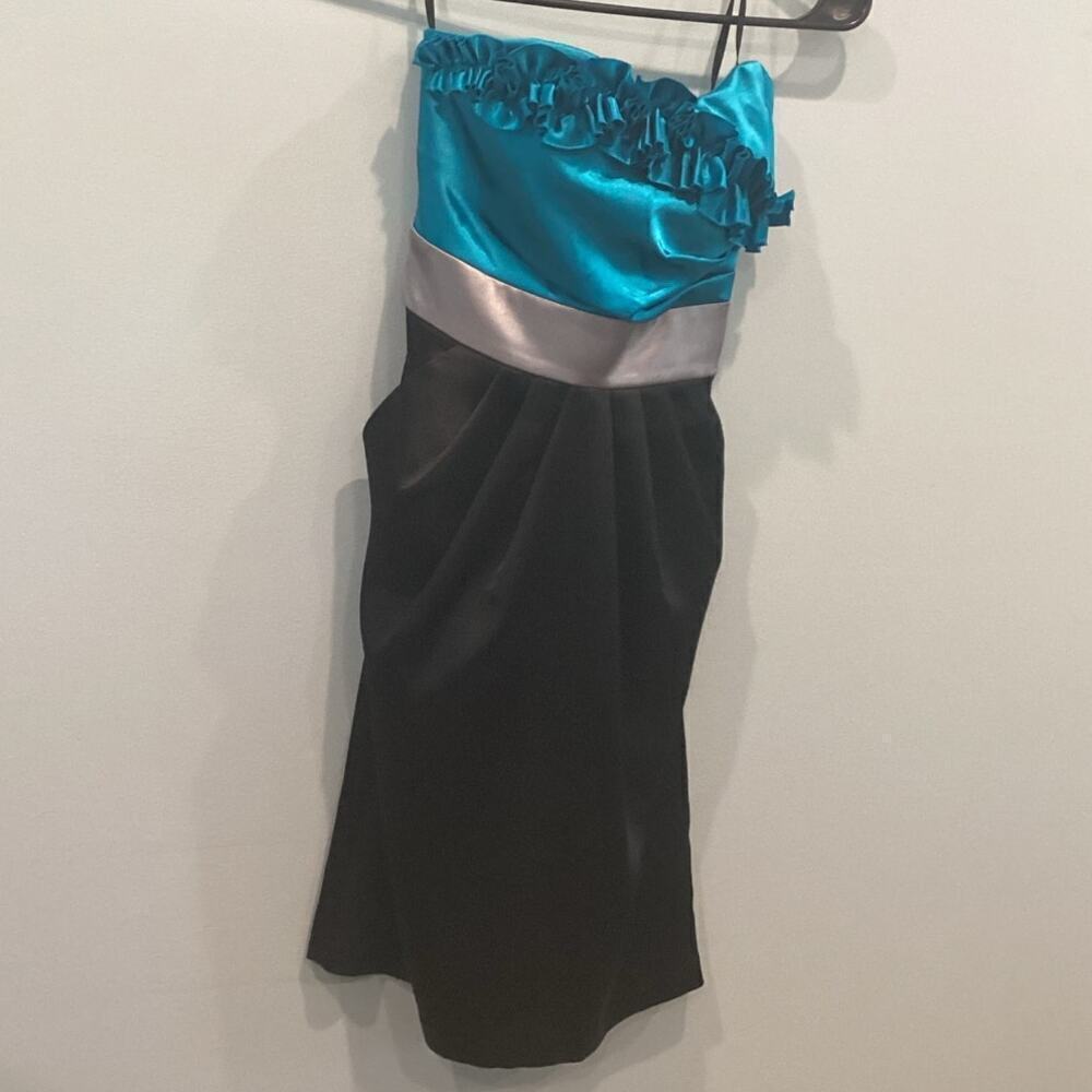 Vtg Womens Satin Mini Dress XS 3 Formal‎ Prom Party Cocktail Teal Blue Black Y2K